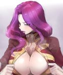  1girl absurdres bakuya blush breasts code_geass cornelia_li_britannia hair_intakes highres large_breasts long_hair looking_at_viewer paizuri_invitation parted_lips purple_eyes purple_hair purple_lips sketch solo sweat 