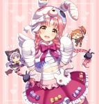  &gt;_&lt; 3girls :d absurdres akane_mimi animal_ears animal_hat animal_hood bandaged_arm bandaged_hands bandages bangs bell black_capelet black_footwear black_gloves black_skirt blush_stickers bow braid brown_eyes brown_hair bunny_ears bunny_hair_ornament bunny_hat candy_wrapper capelet cat_ears cat_hood chibi closed_eyes eyebrows_visible_through_hair fake_animal_ears frilled_skirt frills fur-trimmed_boots fur-trimmed_capelet fur-trimmed_hood fur-trimmed_skirt fur-trimmed_sleeves fur_trim gloves hair_ornament hat heart highres hikawa_kyoka hodaka_misogi holding hood hood_up hooded_capelet ichiren_namiro jingle_bell lightning_bolt lightning_bolt_hair_ornament long_hair long_sleeves low_twintails multiple_girls navel open_mouth orange_shorts pink_background pink_hair pleated_skirt polka_dot princess_connect! princess_connect!_re:dive puffy_shorts red_skirt round_teeth short_shorts shorts skirt smile striped striped_background striped_legwear teeth thighhighs twin_braids twintails upper_teeth v-shaped_eyebrows vertical-striped_background vertical_stripes very_long_hair white_bow wide_sleeves xd yellow_bow 