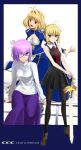  3girls arcueid_brunestud arcueid_brunestud_(cosplay) armor artoria_pendragon_(all) blonde_hair breasts cosplay costume_switch excalibur fate/grand_order fate/stay_night fate_(series) glasses green_eyes highres long_hair long_skirt mash_kyrielight mash_kyrielight_(cosplay) melty_blood multiple_girls pantyhose saber saber_(cosplay) shirotsumekusa short_hair skirt small_breasts smile tsukihime type-moon 