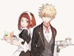  1boy 1girl apron back_bow bakugou_katsuki bangs black_dress blonde_hair blueberry blush_stickers bob_cut boku_no_hero_academia bow brown_eyes brown_hair cake collared_jacket cowboy_shot cup dress drinking_straw food fruit gem glass grey_background grey_vest holding holding_tray ice ice_cube joman lace-trimmed_hairband lace-trimmed_sleeves long_sleeves looking_at_another looking_to_the_side maid maid_apron maid_headdress puffy_short_sleeves puffy_sleeves red_eyes red_neckwear shirt short_hair short_sleeves sidelocks simple_background slice_of_cake spiked_hair strawberry teacup teapot tray uraraka_ochako vest waiter white_bow white_shirt wing_collar wrist_cuffs 