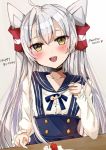  1girl alternate_costume amatsukaze_(kantai_collection) blue_dress blue_sailor_collar cake character_name chigasaki_y commentary_request dress food hair_tubes happy_birthday kantai_collection long_hair looking_at_viewer sailor_collar shirt shortcake silver_hair simple_background slice_of_cake smile smokestack_hair_ornament solo strawberry_shortcake two_side_up upper_body white_background white_shirt windsock 