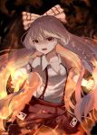  1girl bangs bow breasts cleavage clenched_hand collarbone collared_shirt commentary_request cowboy_shot eyebrows_visible_through_hair fighting_stance fire fujiwara_no_mokou hair_bow highres legs_apart long_hair ofuda open_mouth pants puffy_short_sleeves puffy_sleeves red_eyes red_pants shirt short_sleeves signature small_breasts snozaki solo suspenders touhou very_long_hair white_hair white_shirt wing_collar 