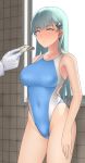 1boy 1girl absurdres admiral_(kantai_collection) amaoto_machi aqua_eyes aqua_hair bathroom blue_swimsuit blush breasts collarbone competition_swimsuit covered_navel cowboy_shot day embarrassed eyebrows_visible_through_hair gloves hair_ornament hairclip highleg highleg_swimsuit highres holding_money indoors jacket kantai_collection large_breasts long_hair long_sleeves looking_at_viewer military military_uniform money money_hold naval_uniform one-piece_swimsuit out_of_frame standing suzuya_(kantai_collection) swimsuit thighs uniform white_gloves window yen 
