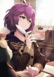  1girl ahoge bernadetta_von_varley blush book chair collarbone desk feathers fire_emblem fire_emblem:_three_houses garreg_mach_monastery_uniform highres hood hoodie indoors light_rays long_sleeves messy_hair nakabayashi_zun notebook pen purple_eyes purple_hair short_hair sitting smile solo stuffed_animal stuffed_toy sunlight uniform 