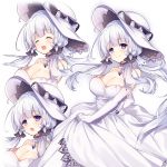  1girl :d ^_^ azur_lane bangs bare_shoulders black_ribbon blue_eyes blush breasts cleavage closed_eyes closed_mouth collarbone dress elbow_gloves eyebrows_visible_through_hair gloves hair_ribbon illustrious_(azur_lane) large_breasts long_hair multiple_views omuretsu open_mouth ribbon silver_hair smile strapless strapless_dress very_long_hair white_background white_dress white_gloves white_headwear white_theme 