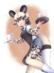  1girl african_wild_dog_(kemono_friends) african_wild_dog_print animal_ears animal_print apron blush bodystocking boots bow bowtie brown_eyes brown_hair cup dog_ears dog_tail extra_ears eyebrows_visible_through_hair flying_sweatdrops from_side furrowed_eyebrows hands_up highres holding holding_tray kemono_friends leaning_forward light_brown_hair long_sleeves looking_at_viewer medium_hair multicolored_hair nina_yuki open_mouth shirt short_over_long_sleeves short_sleeves shorts sidelocks solo tail tray two-tone_hair 