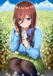  1girl bangs blue_cardigan blue_eyes blue_sky brown_hair cardigan closed_mouth cloud collared_shirt commentary_request dandelion flower go-toubun_no_hanayome green_skirt hair_between_eyes headphones headphones_around_neck hiroki_(hirokiart) holding holding_flower long_hair long_sleeves looking_at_viewer nakano_miku pantyhose pleated_skirt shirt skirt sky smile squatting white_shirt 