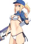 1girl artoria_pendragon_(all) bangs baseball_cap bikini blonde_hair blue_headwear blue_jacket breasts cleavage closed_mouth commentary cowboy_shot cropped_jacket eyebrows_visible_through_hair fate/grand_order fate_(series) hair_through_headwear hat holding holding_weapon jacket long_sleeves looking_at_viewer medium_breasts medium_hair mysterious_heroine_xx_(foreigner) navel ponytail shiseki_hirame shrug_(clothing) side-tie_bikini simple_background smile solo standing swimsuit thigh_strap twinmyniad weapon white_background white_bikini wristband 