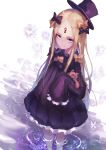  1girl abigail_williams_(fate/grand_order) absurdres bangs black_bow black_dress black_headwear blonde_hair blue_eyes bow bug butterfly closed_mouth commentary_request dress fate/grand_order fate_(series) glowing hair_bow hat highres insect keyhole long_hair long_sleeves looking_at_viewer multiple_bows multiple_hair_bows object_hug orange_bow parted_bangs ripples shiburingaru sleeves_past_fingers sleeves_past_wrists solo standing stuffed_animal stuffed_toy teddy_bear tilted_headwear very_long_hair wading water white_background 