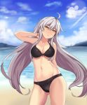 1girl absurdres ahoge arm_behind_back bangs bare_shoulders beach bikini blue_sky blurry blurry_background breasts cleavage cloud collarbone contrapposto cowboy_shot dark_persona day eyebrows_visible_through_hair groin hair_between_eyes hand_behind_head head_tilt highres hisuka honkai_(series) honkai_impact_3rd kiana_kaslana kiana_kaslana_(herrscher_of_the_void) long_hair looking_at_viewer medium_breasts navel outdoors parted_lips sand sidelocks silver_hair sky solo stomach swimsuit very_long_hair yellow_eyes 