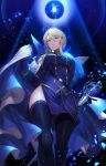  1girl ahoge aiguillette artoria_pendragon_(all) artoria_pendragon_(lancer) bangs belt black_legwear blonde_hair blue_eyes blue_gloves blue_jacket blue_legwear blue_skirt braid breasts cape chain commentary_request fate/grand_order fate_(series) french_braid from_below gloves hair_between_eyes heroic_spirit_formal_dress highres holding jacket kakage large_breasts looking_at_viewer medium_breasts military military_jacket military_uniform miniskirt parted_lips popped_collar rhongomyniad short_hair side_slit sidelocks skirt solo standing swept_bangs thighhighs thighs tied_hair uniform weapon white_cape 