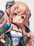  1girl black_gloves breasts brown_eyes cleavage cookie cropped food food_in_mouth gloves hair_ornament hand_in_pocket highres jacket johnston_(kantai_collection) kantai_collection light_brown_hair long_hair looking_at_viewer machinery medium_breasts off_shoulder official_art photo shirt single_glove solo two_side_up white_shirt zeco 