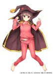  1girl barefoot black_headwear black_panties breasts brown_hair cloak crossover edamame_senpai eyebrows_visible_through_hair full_body hat highres kono_subarashii_sekai_ni_shukufuku_wo! long_sleeves looking_at_viewer medium_hair megumin official_art pajamas panties pants panty_peek red_eyes small_breasts solo transparent_background underwear vivid_army watermark witch_hat 