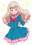  1girl aikatsu!_(series) aikatsu_on_parade! blush bow bowtie commentary cropped_legs dress eyebrows_visible_through_hair hair_down hands_up kiseki_raki light_brown_hair long_hair looking_at_viewer open_mouth pink_sailor_collar purple_eyes sailor_collar sbs school_uniform smile solo star star_harmony_academy_uniform white_frills 