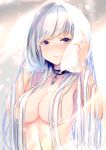  1girl azur_lane bangs belfast_(azur_lane) blue_eyes blush braid breasts chain cleavage collar collarbone commentary eyebrows_visible_through_hair hair_over_breasts highres holding holding_towel large_breasts light long_hair looking_at_viewer nephthys2356 nude parted_lips silver_hair smile solo towel wet wiping 