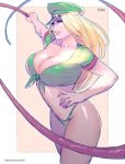  1girl blonde_hair breasts cleavage commentary commission copyright_request green_panties hat long_hair looking_at_viewer panties purple_eyes rejean_dubois solo underwear whip 