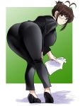  1girl akizuki_ritsuko ass bent_over blazer breasts brown_eyes brown_hair folded_hair formal glasses hair_ornament hair_up hairclip high_heels highres idolmaster idolmaster_(classic) jacket kumako_(kumakonoh) large_breasts long_hair office_lady pant_suit pants pantylines paper papers suit 