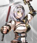  1girl armor bangs black_armor black_gloves blue_collar braid breastplate breasts circlet cleavage cleavage_cutout collar fingerless_gloves gloves gold_trim green_eyes hair_between_eyes highres holding holding_sword holding_weapon hololive large_breasts looking_at_viewer mace medium_hair mole mole_on_breast o-ring shirogane_noel shoulder_armor solo sword teeth virtual_youtuber weapon white_hair wrist_guards zaxwu 