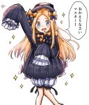  1girl abigail_williams_(fate/grand_order) admjgdme arm_up bangs black_bow black_dress black_headwear blonde_hair bloomers blue_eyes blush bow bug butterfly commentary_request dress fate/grand_order fate_(series) feet_out_of_frame forehead hair_bow hat highres insect knees_together_feet_apart long_hair long_sleeves looking_at_viewer multiple_bows multiple_hair_bows open_mouth orange_bow parted_bangs polka_dot polka_dot_bow simple_background sketch sleeves_past_fingers sleeves_past_wrists solo sparkle translated underwear very_long_hair white_background white_bloomers 