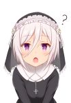  1girl :o ? bangs black_dress blush commentary_request dress eyebrows_visible_through_hair habit hair_between_eyes itomi_sayaka looking_at_viewer natsu_(927013) nun open_mouth purple_eyes short_hair silver_hair simple_background solo toji_no_miko upper_body veil white_background 