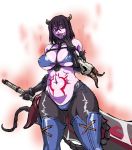  1girl abs ass_visible_through_thighs aura bangs bare_shoulders between_breasts bikini black_gloves black_hair blue_bikini blue_footwear boots breasts chaos_machina_(kono_yuusha_ga_ore_tueee_kuse_ni_shinchou_sugiru) collarbone covered_nipples crossed_bangs demon_girl demon_horns elbow_gloves evil_grin evil_smile eyebrows_visible_through_hair gloves grin hair_between_eyes hand_up highres holding holding_sword holding_weapon horns huge_weapon kono_yuusha_ga_ore_tueee_kuse_ni_shinchou_sugiru large_breasts looking_at_viewer mamesi_(suhk8583) navel purple_skin red_eyes shaded_face shiny shiny_skin short_hair side-tie_bikini simple_background skull smile solo standing stomach_tattoo swimsuit sword tail tattoo thick_thighs thigh_boots thighhighs thighs toned underboob weapon white_background wide_hips 