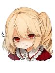  1girl artist_name bangs blonde_hair clenched_teeth commentary eyebrows_visible_through_hair flandre_scarlet frilled_shirt_collar frills gotoh510 hair_between_eyes highres long_hair looking_at_viewer no_hat no_headwear one_side_up pointy_ears portrait red_eyes signature simple_background solo sweat teeth touhou translation_request white_background 