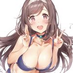  1girl ameyame blush breasts brown_eyes brown_hair choker cleavage collarbone double_v eyebrows_visible_through_hair hairband highres idolmaster idolmaster_shiny_colors large_breasts looking_at_viewer open_mouth simple_background smile tsukioka_kogane upper_teeth v white_background 