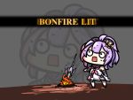  1girl azur_lane bonfire chibi commentary commentary_request crown dark_souls full_body gameplay_mechanics grey_background highres javelin_(azur_lane) kagami_(kagamina) mini_crown neckerchief o_o parody pink_neckwear purple_hair solo souls_(from_software) square_mouth standing sweat zoom_layer 