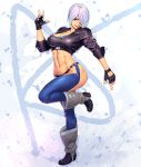  1girl :p abs angel_(kof) black_gloves boots bra breasts chaps cleavage cowboy_boots cropped_jacket fingerless_gloves full_body gloves hair_over_one_eye highres jacket large_breasts leather leather_jacket leg_up looking_at_viewer midriff navel ogami sleeves_pushed_up solo standing standing_on_one_leg strapless strapless_bra the_king_of_fighters toned tongue tongue_out underwear waving 