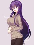  1girl :d bangs beige_sweater breasts casual commentary cowboy_shot doki_doki_literature_club eyebrows_visible_through_hair flying_sweatdrops grey_background hair_between_eyes hair_ornament hairclip large_breasts long_hair long_sleeves looking_at_viewer nan_(gokurou) open_mouth purple_eyes purple_hair ribbed_sweater sidelocks simple_background smile solo sweatdrop sweater turtleneck turtleneck_sweater twitter_username very_long_hair yuri_(doki_doki_literature_club) 