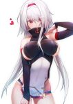  1girl azur_lane bangs bare_shoulders belt blue_panties blush breasts colorado_(azur_lane) contrapposto cowboy_shot detached_sleeves dress eyebrows_visible_through_hair groin hair_over_one_eye hairband hand_up heart highres large_breasts long_hair looking_at_viewer panties pelvic_curtain red_eyes red_hairband sideboob sidelocks simple_background sleeveless sleeveless_dress solo underwear west_24 white_background white_hair 