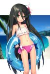  1girl bangs beach bikini black_hair blush chestnut_mouth collarbone day eyebrows_visible_through_hair flower frilled_bikini frills hair_between_eyes hair_flower hair_ornament hibiscus highres innertube letterboxed long_hair looking_at_viewer navel ohlia open_mouth shakugan_no_shana shana solo swimsuit 