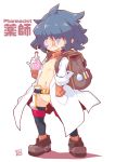  1girl :d backpack bag belt black_belt black_legwear blue_hair boots breasts brown_footwear full_body glasses gloves groin hair_over_eyes hand_in_pocket holding labcoat long_sleeves navel nipples open_clothes open_mouth original reku round-bottom_flask round_eyewear shadow signature small_breasts smile solo standing thighhighs vial white_background white_gloves 