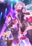  3girls absurdres blonde_hair breasts carmilla_(fate/grand_order) confetti ereshkigal_(fate/grand_order) fate/grand_order fate_(series) fingernails frilled_skirt frills gloves glowstick highres holding holding_microphone huge_filesize idol juliet_sleeves long_fingernails long_hair long_sleeves microphone microphone_stand mipizza_village multiple_girls murasaki_shikibu_(fate) music puffy_sleeves purple_eyes red_eyes sharp_fingernails silver_hair singing skindentation skirt smile stage stage_lights toosaka_rin twintails two_side_up very_long_hair yellow_eyes 