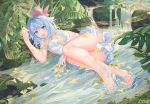  1girl :d artist_name atdan bare_legs bare_shoulders blue_eyes blue_hair breasts day dress feet haiyi hat high_heels jellyfish looking_at_viewer lying medium_breasts nature on_back open_mouth outdoors plant river sandals short_hair sleeveless sleeveless_dress smile solo strapless strapless_dress synthesizer_v thighs water wet white_dress 