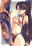  1girl armlet asymmetrical_sleeves bangs bare_shoulders bikini black_bikini_bottom black_bow black_hair blush border bow breasts bridal_gauntlets detached_collar detached_sleeves earrings fate/grand_order fate_(series) gradient gradient_background grey_background hair_bow hand_on_own_chest heavenly_boat_maanna highleg highleg_bikini highres hoop_earrings ishtar_(fate/grand_order) jewelry long_hair looking_at_viewer navel neck_ring oz_(user_zakk5472) parted_bangs parted_lips red_eyes single_detached_sleeve small_breasts solo swimsuit thighs tiara two_side_up weapon white_bikini_top white_border 