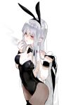  1girl alternate_costume animal_ears bare_shoulders blush bow breasts bunny_ears bunny_girl bunny_tail bunnysuit cigarette eyebrows_visible_through_hair fake_animal_ears gangut_(kantai_collection) grey_hair hair_between_eyes jacket kantai_collection large_breasts long_hair nello_(luminous_darkness) pantyhose red_eyes simple_background smoking solo tail white_background white_jacket 