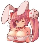  1girl animal_ears bare_shoulders blush bow breasts bunny_ears cleavage commentary di_gi_charat dice_hair_ornament flying_sweatdrops hair_bow hair_ornament highres huge_breasts large_breasts long_hair looking_at_viewer off_shoulder one_eye_closed pink_eyes pink_hair red_bow rikumaru simple_background smile solo upper_body usada_hikaru white_background 