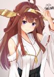  1girl absurdres ahoge armpit_peek bangs blush breasts brown_hair closed_mouth collarbone dated detached_sleeves eyebrows_visible_through_hair hair_between_eyes hair_bun hair_ornament hairband hakama hakama_skirt hand_up headgear highres japanese_clothes kantai_collection kongou_(kantai_collection) long_hair looking_at_viewer nontraditional_miko pleated_skirt purple_eyes red_ribbon remodel_(kantai_collection) ribbon ribbon-trimmed_sleeves ribbon_trim shiina_aoi shirt_tucked_in signature simple_background skirt smile solo twitter_username v v-shaped_eyebrows wide_sleeves 