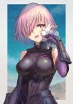  1girl armor armored_dress bare_shoulders black_leotard blue_sky blush breasts dated elbow_gloves fate/grand_order fate_(series) fou_(fate/grand_order) gloves hair_over_one_eye highres large_breasts lavender_hair leotard looking_at_another mash_kyrielight open_mouth purple_eyes purple_gloves short_hair signature sky solo yudoufu_(unify) 