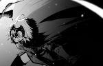  1girl absurdres ahoge cape chain fate/grand_order fate_(series) fur-trimmed_cape fur_trim gauntlets glowing glowing_eye greyscale grin highres holding holding_sword holding_weapon jeanne_d&#039;arc_(alter)_(fate) jeanne_d&#039;arc_(fate)_(all) monochrome smile sword thighhighs tsukamoto_minori weapon 