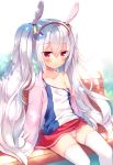  1girl animal_ears azur_lane backlighting bangs bare_shoulders bench blush breasts bunny_ears camisole closed_mouth collarbone commentary_request eyebrows_visible_through_hair hair_between_eyes hair_ornament hairband jacket laffey_(azur_lane) long_hair long_sleeves looking_at_viewer off_shoulder on_bench open_clothes open_jacket panties park_bench pink_jacket pleated_skirt red_eyes red_hairband red_skirt sazaki_ichiri silver_hair sitting sitting_on_bench skirt sleeves_past_fingers sleeves_past_wrists small_breasts solo strap_slip striped striped_panties thighhighs twintails underwear very_long_hair white_background white_camisole white_legwear 