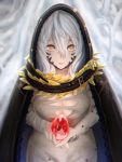  1girl bandaged_arm bandages blood_bead breasts cleavage cloak code_vein commentary_request eyebrows_visible_through_hair grin highres holding hood hooded_cloak io_(code_vein) large_breasts looking_at_viewer nyatokanyaru smile solo vampire white_hair yellow_eyes 