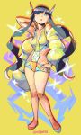  1girl arm_behind_head bangs black_hair blue_eyes blunt_bangs breasts eric_muentes full_body gym_leader hand_on_hip headgear kamitsure_(pokemon) long_hair looking_at_viewer midriff open_mouth pokemon pokemon_(game) pokemon_bw2 shorts solo very_long_hair 
