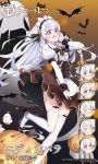  1girl alternate_costume apron azur_lane blue_eyes blush braid candy character_name closed_eyes commentary_request copyright_name edinburgh_(azur_lane) edinburgh_(candy_maid)_(azur_lane) expressions eyebrows_visible_through_hair food french_braid ghost gold_bar halloween halloween_costume jack-o&#039;-lantern jacknavy maid maid_apron maid_headdress official_art open_mouth pumpkin round_eyewear side_braids smile solo surprised thighhighs white_apron white_hair 