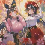  2girls ahoge alternate_costume animal_ears arm_up atago_(azur_lane) autumn autumn_leaves azur_lane bag belt beret between_breasts black_hair black_skirt blurry blurry_foreground blush bow breasts brown_eyes casual closed_mouth day depth_of_field extra_ears flower hair_bow hair_flaps hanato_(seonoaiko) hand_on_headwear handbag hands_up hat high-waist_skirt highres large_breasts leaf long_hair long_sleeves looking_at_viewer maple_leaf multiple_girls orange_eyes outdoors pink_flower pink_sweater red_flower red_headwear red_skirt shirt shirt_tucked_in shoulder_bag skirt smile sparkle sweater takao_(azur_lane) tree tree_shade very_long_hair white_flower white_shirt 