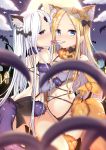  2girls abigail_williams_(fate/grand_order) absurdres animal_ear_fluff animal_ears areolae ass bangs bare_shoulders bat black_bow black_panties blonde_hair blue_eyes blurry blurry_foreground blush bow breast_grab breasts closed_mouth cloud commentary cosplay dangerous_beast depth_of_field dual_persona elbow_gloves english_commentary eyebrows_visible_through_hair fate/grand_order fate_(series) forehead full_moon fur-trimmed_gloves fur_trim gloves grabbing groin hair_bow highres keyhole long_hair lydia601304 mash_kyrielight mash_kyrielight_(cosplay) moon mouth_hold multiple_girls navel night night_sky o-ring o-ring_top orange_bow orange_gloves panties parted_bangs profile purple_gloves red_eyes side-tie_panties sky small_breasts tentacles underwear untied untied_panties very_long_hair white_hair 