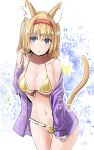  1girl alice_margatroid animal_ear_fluff animal_ears bangs bare_shoulders bikini blonde_hair blue_eyes blush breasts cat_ears cat_tail collarbone commentary_request cowboy_shot eyebrows_visible_through_hair front-tie_bikini front-tie_top hair_between_eyes hairband halterneck hand_up highres jacket kemonomimi_mode large_breasts lens_flare long_sleeves looking_at_viewer navel off_shoulder open_clothes open_jacket purple_jacket red_hairband short_hair solo standing stomach swimsuit tail thighs touhou white_background y2 yellow_bikini 