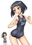  2girls bangs black_hair black_swimsuit blunt_bangs blunt_ends blush bob_cut camera closed_mouth commentary covered_navel curly_hair frown girls_und_panzer green_eyes highres leaning_forward looking_at_another looking_back multiple_girls name_tag nishihara_(girls_und_panzer) old_school_swimsuit recording school_swimsuit short_hair simple_background standing swept_bangs swimsuit teramoto_(girls_und_panzer) translated v-shaped_eyebrows white_background 