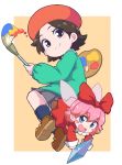  2girls adeleine beret black_legwear blue_eyes blush bow brown_hair closed_mouth crystal eyebrows_visible_through_hair grey_skirt hair_bow hat highres holding holding_paintbrush kirby_(series) kirby_64 looking_at_viewer multiple_girls nazonazo_(nazonazot) open_mouth paint paintbrush palette pink_hair red_bow ribbon_(kirby) short_hair skirt smile socks 